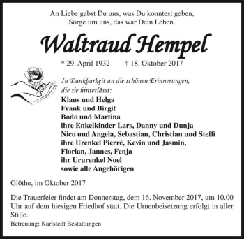 Traueranzeige von Waltraud Hempel  von Magdeburger Volksstimme