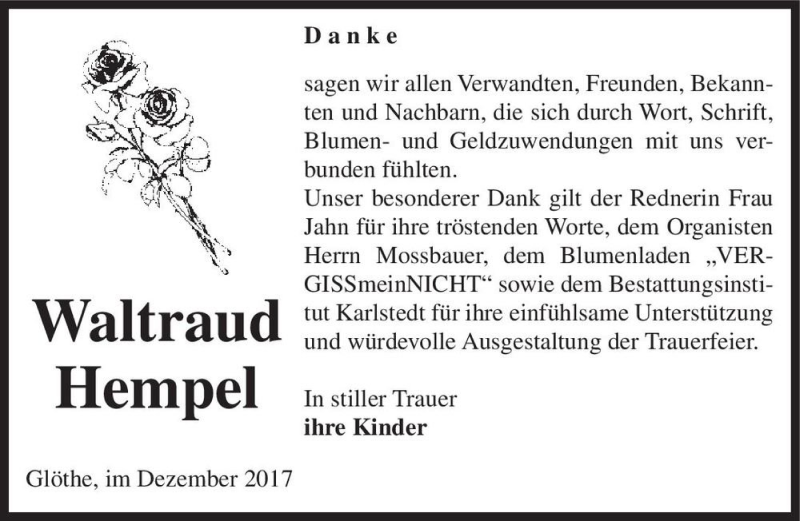  Traueranzeige für Waltraud Hempel  vom 02.12.2017 aus Magdeburger Volksstimme