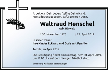 Traueranzeige von Waltraud Henschel (geb. Bärwald)  von Magdeburger Volksstimme