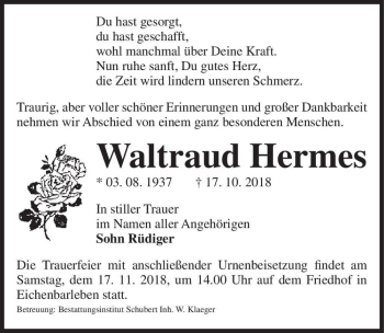 Traueranzeige von Waltraud Hermes  von Magdeburger Volksstimme