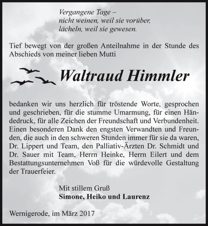  Traueranzeige für Waltraud Himmler  vom 01.04.2017 aus Magdeburger Volksstimme