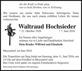 Traueranzeige von Waltraud Hochsieder  von Magdeburger Volksstimme