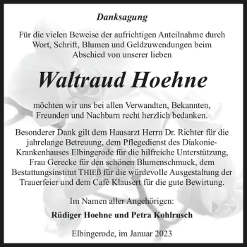 Traueranzeige von Waltraud Hoehne  von Magdeburger Volksstimme