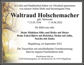 Traueranzeige von Waltraud Holschemacher (geb. Meinecke)  von Magdeburger Volksstimme