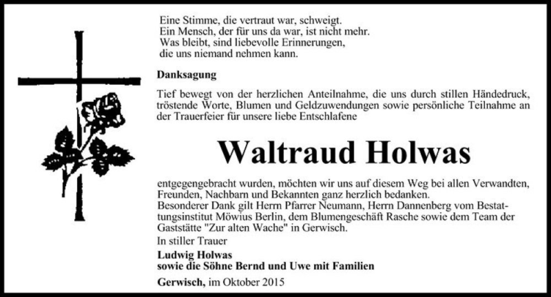  Traueranzeige für Waltraud Holwas  vom 10.10.2015 aus Magdeburger Volksstimme