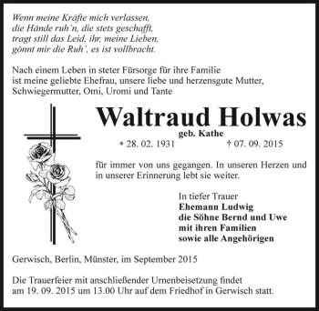 Traueranzeige von Waltraud Holwas (geb. Kathe)  von Magdeburger Volksstimme