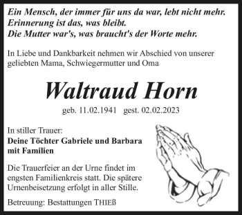 Traueranzeige von Waltraud Horn  von Magdeburger Volksstimme