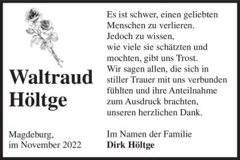 Traueranzeige von Waltraud Höltge  von Magdeburger Volksstimme