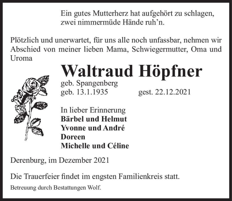  Traueranzeige für Waltraud Höpfner (geb. Spangenberg)  vom 31.12.2021 aus Magdeburger Volksstimme