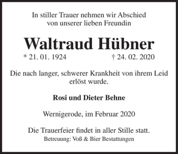 Traueranzeige von Waltraud Hübner  von Magdeburger Volksstimme