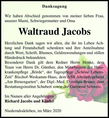 Traueranzeige von Waltraud Jacobs  von Magdeburger Volksstimme