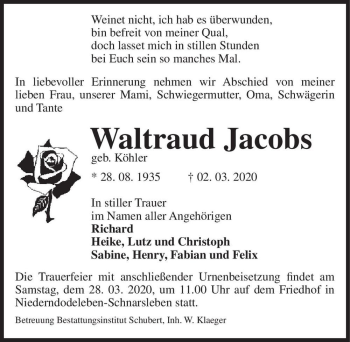 Traueranzeige von Waltraud Jacobs (geb. Köhler)  von Magdeburger Volksstimme