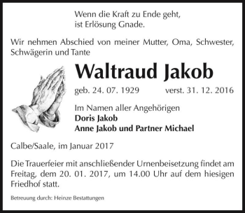 Traueranzeige von Waltraud Jakob  von Magdeburger Volksstimme