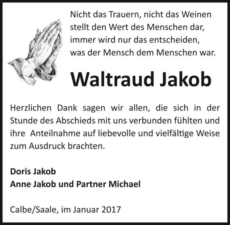  Traueranzeige für Waltraud Jakob  vom 28.01.2017 aus Magdeburger Volksstimme