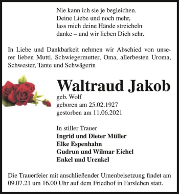 Traueranzeige von Waltraud Jakob (geb. Wolf)  von Magdeburger Volksstimme