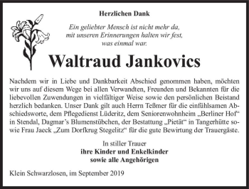 Traueranzeige von Waltraud Jankovics  von Magdeburger Volksstimme