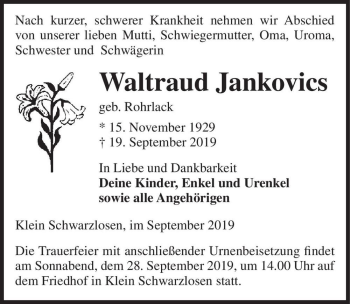 Traueranzeige von Waltraud Jankovics (geb. Rohrlack)  von Magdeburger Volksstimme