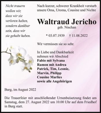 Traueranzeige von Waltraud Jericho (geb. Nischan)  von Magdeburger Volksstimme