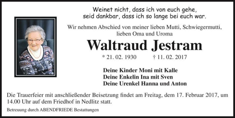  Traueranzeige für Waltraud Jestram  vom 15.02.2017 aus Magdeburger Volksstimme
