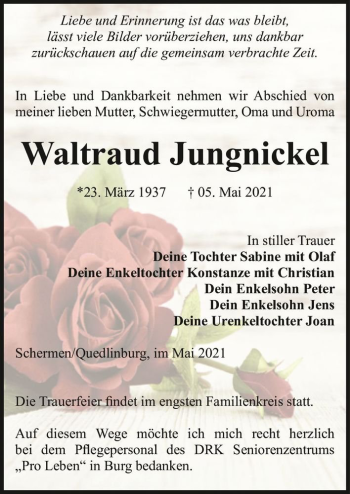 Traueranzeige von Waltraud Jungnickel  von Magdeburger Volksstimme