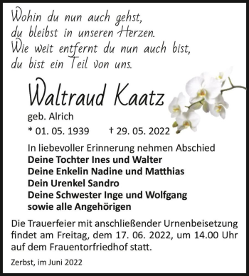 Traueranzeige von Waltraud Kaatz (geb. Alrich)  von Magdeburger Volksstimme