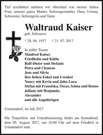 Traueranzeige von Waltraud Kaiser (geb. Schwarze)  von Magdeburger Volksstimme