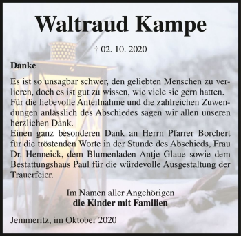 Traueranzeige von Waltraud Kampe  von Magdeburger Volksstimme