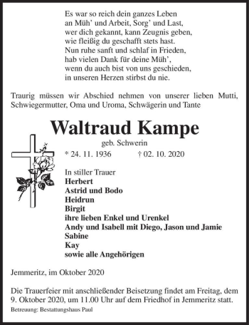 Traueranzeige von Waltraud Kampe (geb. Schwerin)  von Magdeburger Volksstimme