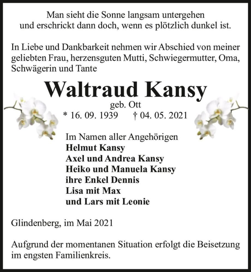  Traueranzeige für Waltraud Kansy (geb. Ott)  vom 08.05.2021 aus Magdeburger Volksstimme