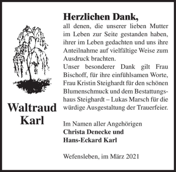 Traueranzeige von Waltraud Karl  von Magdeburger Volksstimme