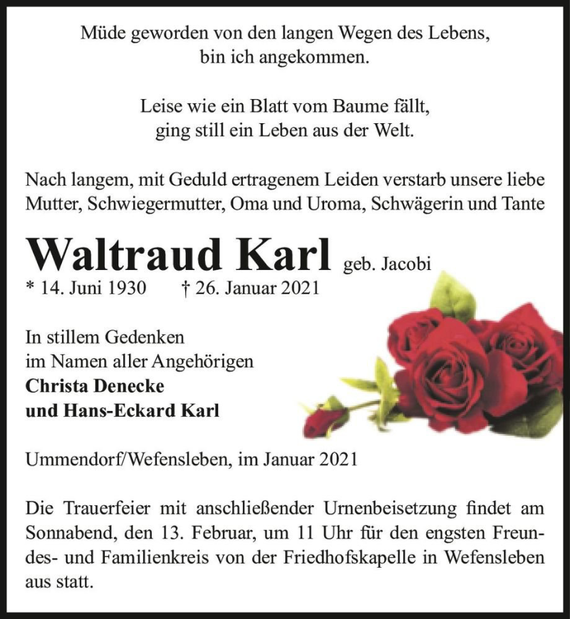  Traueranzeige für Waltraud Karl (geb. Jacobi)  vom 30.01.2021 aus Magdeburger Volksstimme