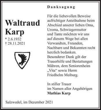 Traueranzeige von Waltraud Karp  von Magdeburger Volksstimme