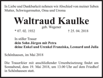 Traueranzeige von Waltraud Kaulke (geb. Wegener)  von Magdeburger Volksstimme