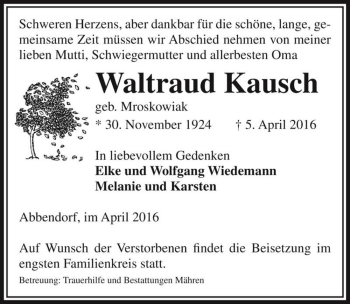 Traueranzeige von Waltraud Kausch (geb. Mroskowiak)  von Magdeburger Volksstimme