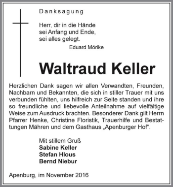 Traueranzeige von Waltraud Keller  von Magdeburger Volksstimme