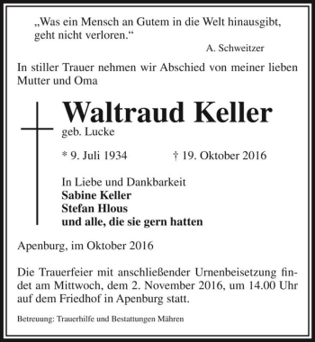 Traueranzeige von Waltraud Keller (geb. Lucke)  von Magdeburger Volksstimme