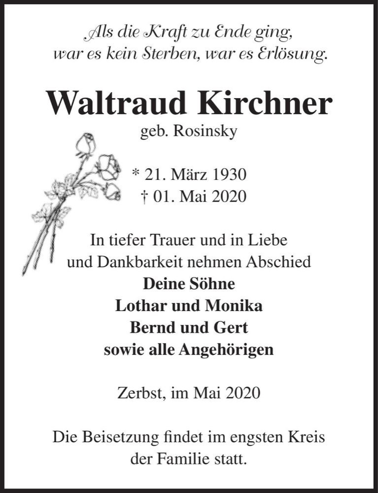  Traueranzeige für Waltraud Kirchner (geb. Rosinsky)  vom 09.05.2020 aus Magdeburger Volksstimme