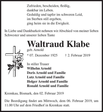 Traueranzeige von Waltraud Klabe (geb. Arnold)  von Magdeburger Volksstimme
