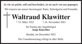 Traueranzeige von Waltraud Klawitter  von Magdeburger Volksstimme