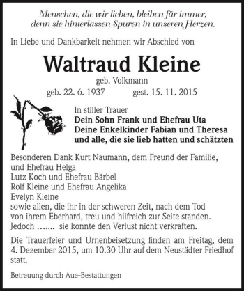 Traueranzeige von Waltraud Kleine (geb. Volkmann)  von Magdeburger Volksstimme