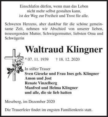 Traueranzeige von Waltraud Klingner  von Magdeburger Volksstimme
