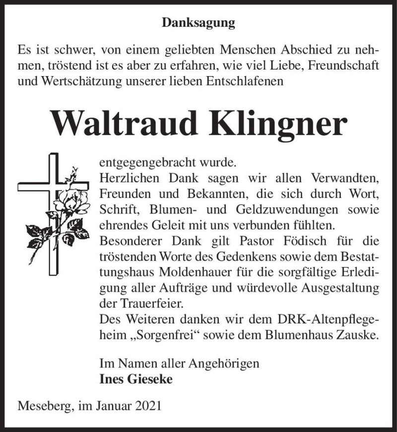  Traueranzeige für Waltraud Klingner  vom 09.01.2021 aus Magdeburger Volksstimme