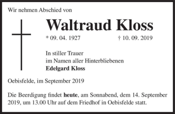 Traueranzeige von Waltraud Kloss  von Magdeburger Volksstimme