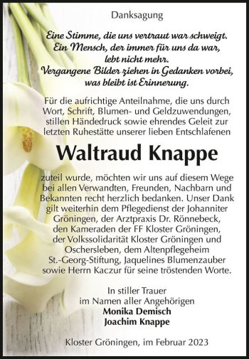 Traueranzeige von Waltraud Knappe  von Magdeburger Volksstimme