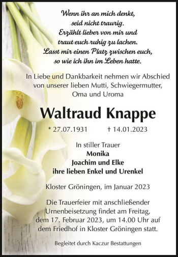 Traueranzeige von Waltraud Knappe  von Magdeburger Volksstimme
