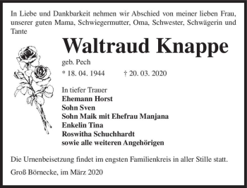 Traueranzeige von Waltraud Knappe (geb. Pech)  von Magdeburger Volksstimme