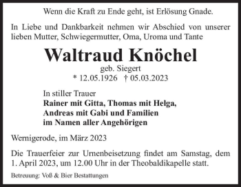 Traueranzeige von Waltraud Knöchel (geb. Siegert)  von Magdeburger Volksstimme