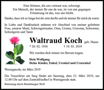 Traueranzeige von Waltraud Koch (geb. Haase)  von Magdeburger Volksstimme