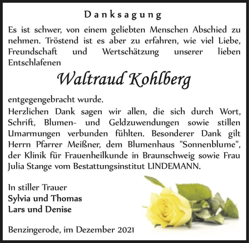  Traueranzeige für Waltraud Kohlberg  vom 11.12.2021 aus Magdeburger Volksstimme