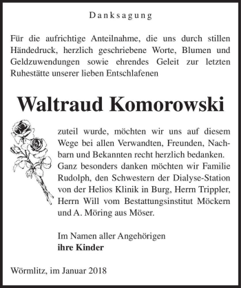 Traueranzeige von Waltraud Komorowski  von Magdeburger Volksstimme